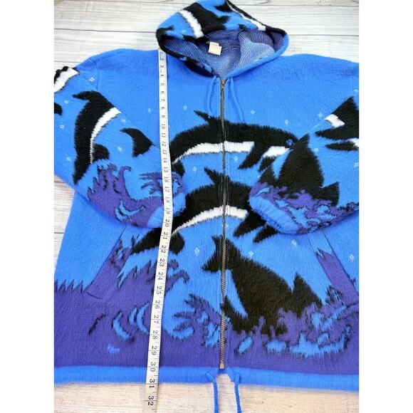 Vintage Tejidos Ruminahui Orca All Over Print Blue Wool Jacket Full Zip Size L - Picture 2 of 7
